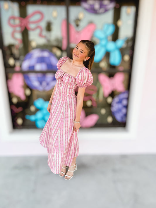 Say It Ain’t So Pink Striped Floral Midi Dress