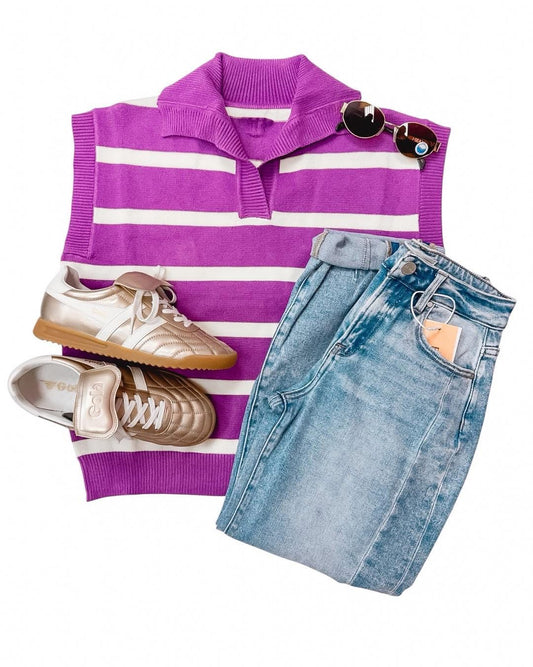 Purple Yardline Striped Sweater Top