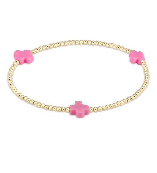 Signature Cross Gold Pattern 2mm Bead Bracelet - Bright Pink