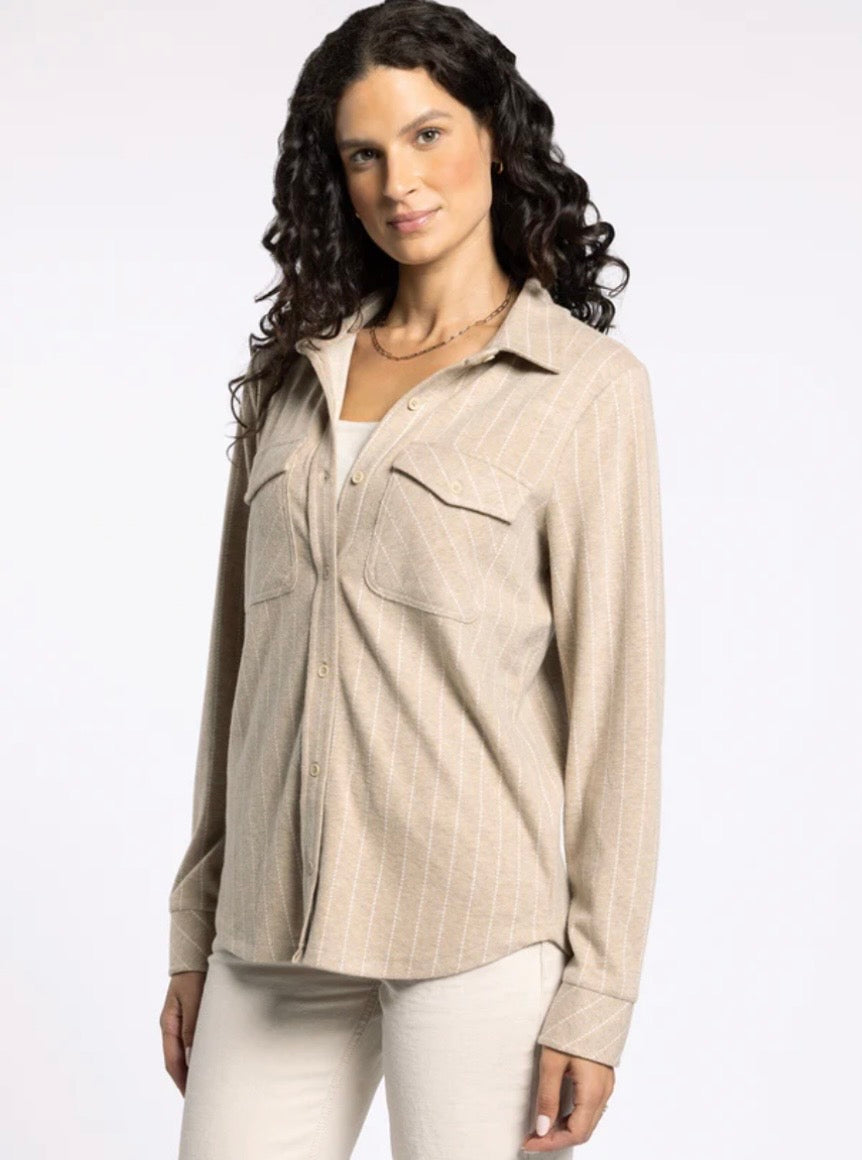 Cassian Button Up in Camel Ivory Stripe