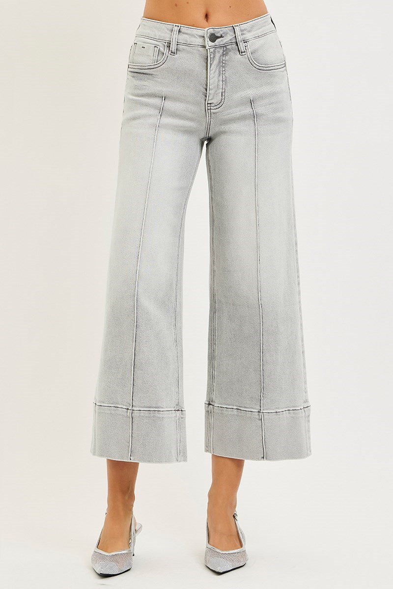 Lizzy Mid Rise Wide Light Grey Pintuck Denim