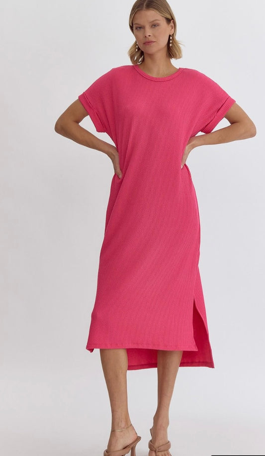Cute & Simple Ribbed Dress Hot Pink