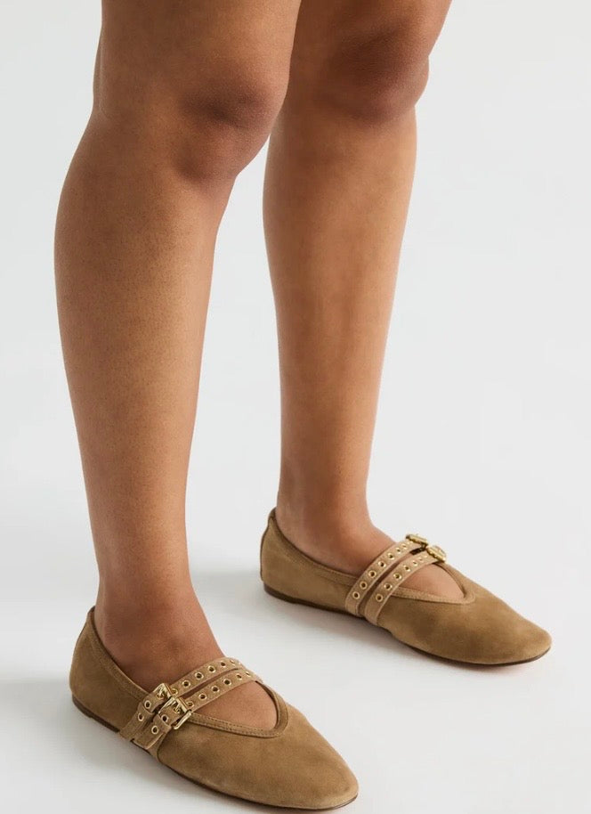 LYDIA TAUPE SUEDE SQUARE TOE MARY JANE BALLET FLATS