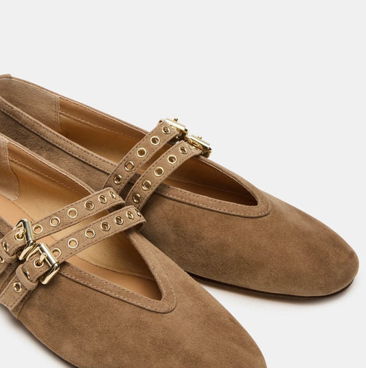 LYDIA TAUPE SUEDE SQUARE TOE MARY JANE BALLET FLATS