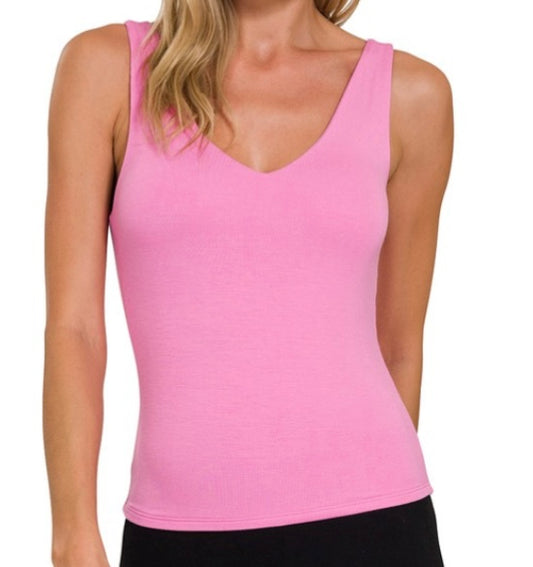 Premium Basic Double Layered Vneck Tank Candy Pink