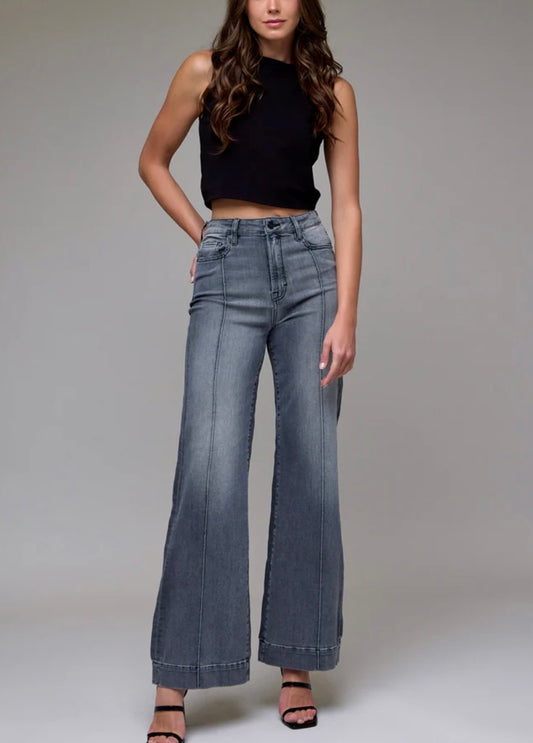 Happi Grey Wash Pintuck High Rise Comfort Flare