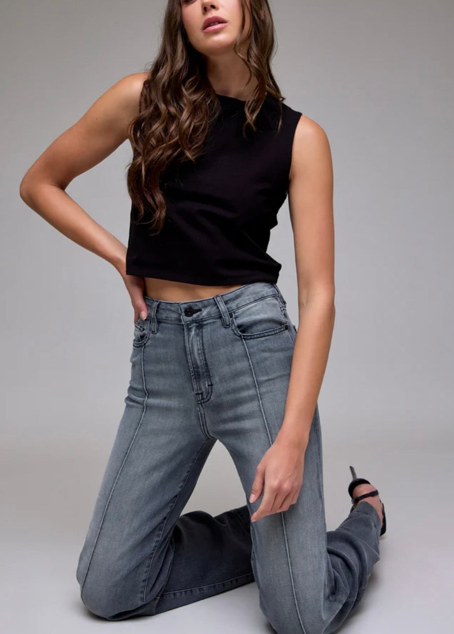 Happi Grey Wash Pintuck High Rise Comfort Flare