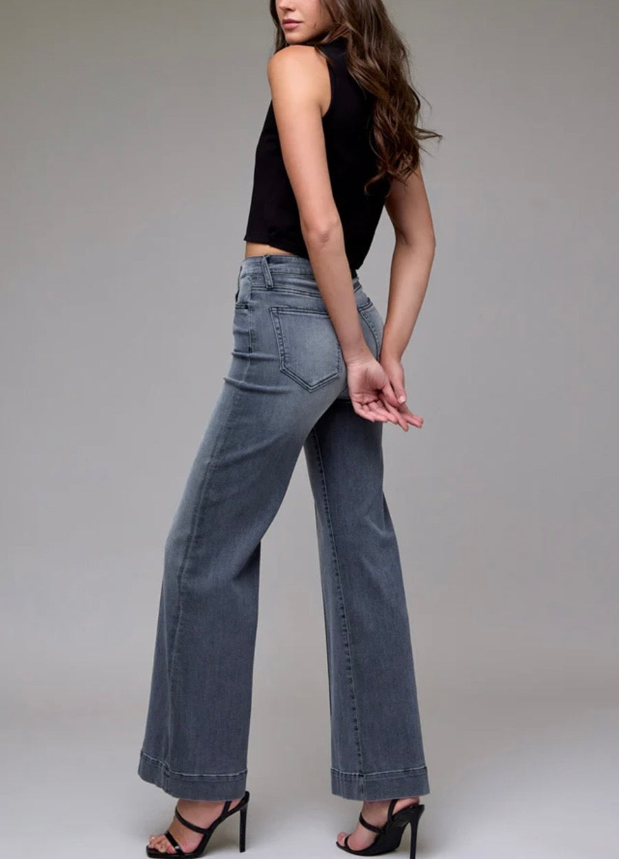Happi Grey Wash Pintuck High Rise Comfort Flare