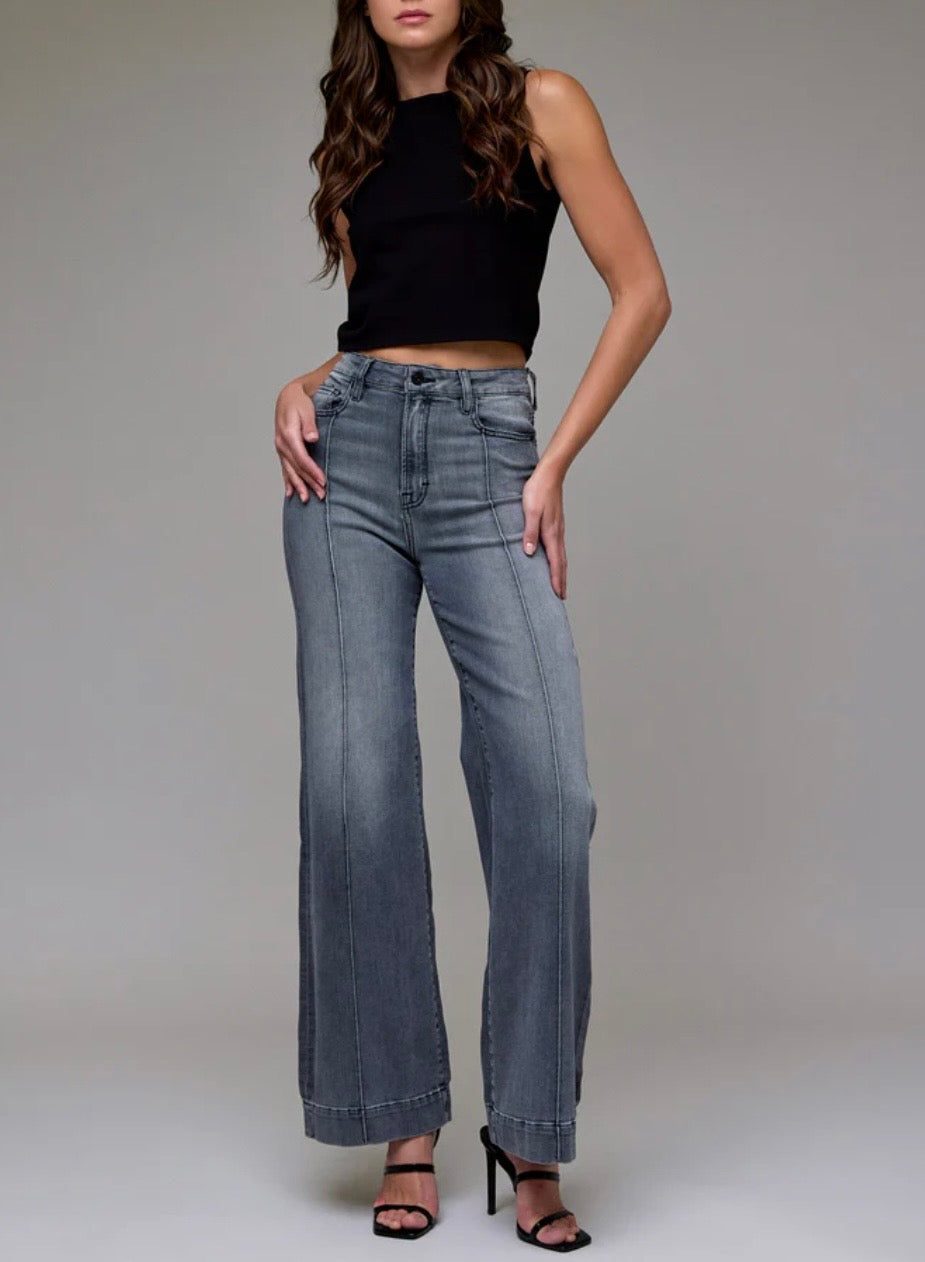 Happi Grey Wash Pintuck High Rise Comfort Flare
