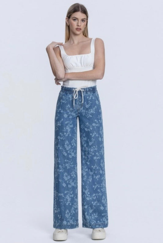 Vintage Floral HR Drawstring Pull On Wide Leg Denim