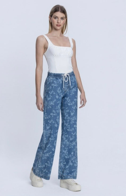 Vintage Floral HR Drawstring Pull On Wide Leg Denim