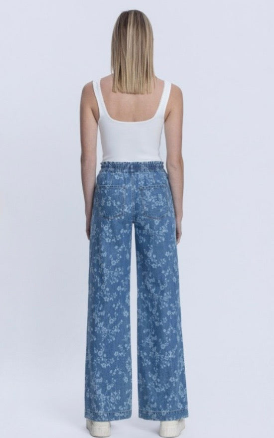 Vintage Floral HR Drawstring Pull On Wide Leg Denim