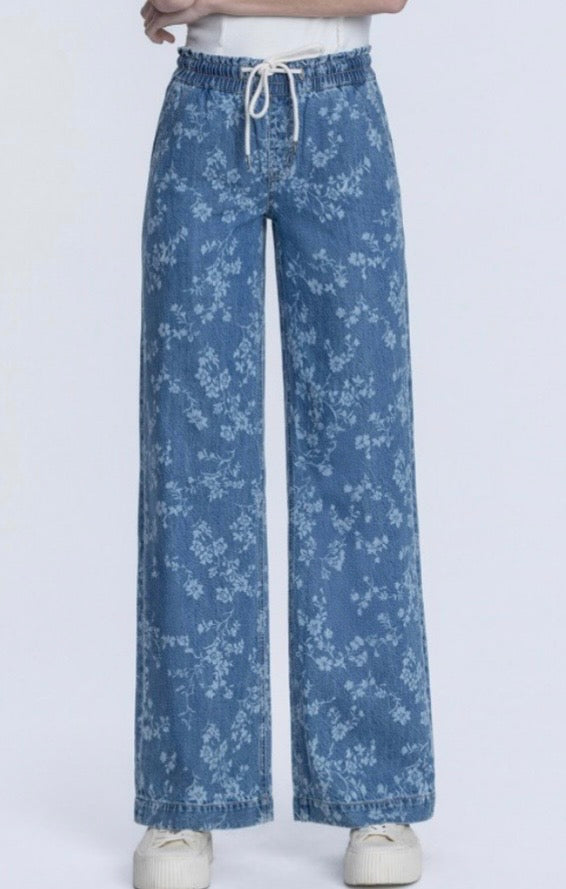 Vintage Floral HR Drawstring Pull On Wide Leg Denim