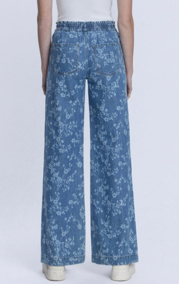Vintage Floral HR Drawstring Pull On Wide Leg Denim