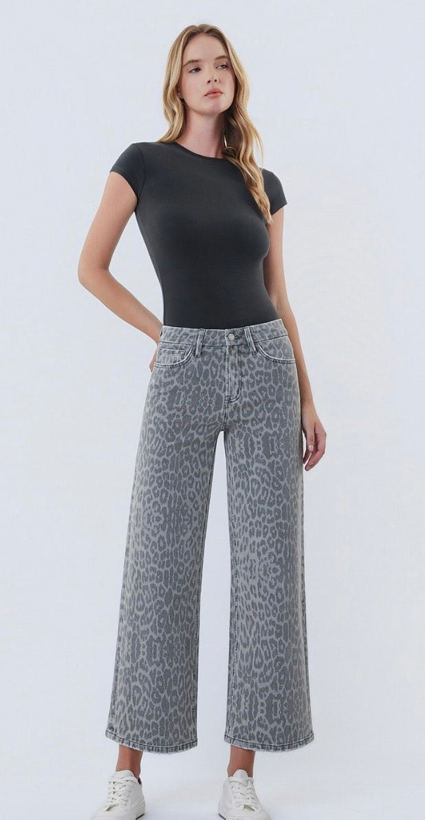 Grey Leopard HR Wide Leg Denim