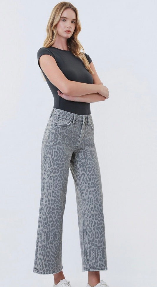 Grey Leopard HR Wide Leg Denim