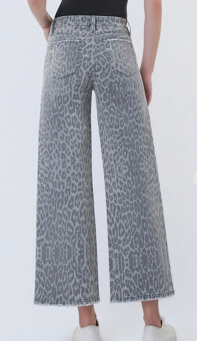 Grey Leopard HR Wide Leg Denim