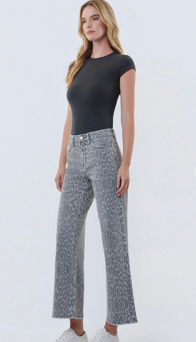 Grey Leopard HR Wide Leg Denim