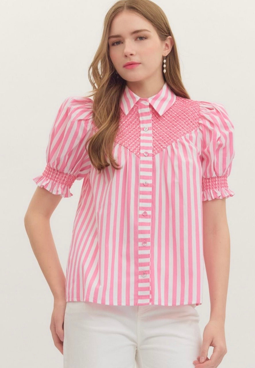 Pink Candy Stripe SS Button Up Blouse