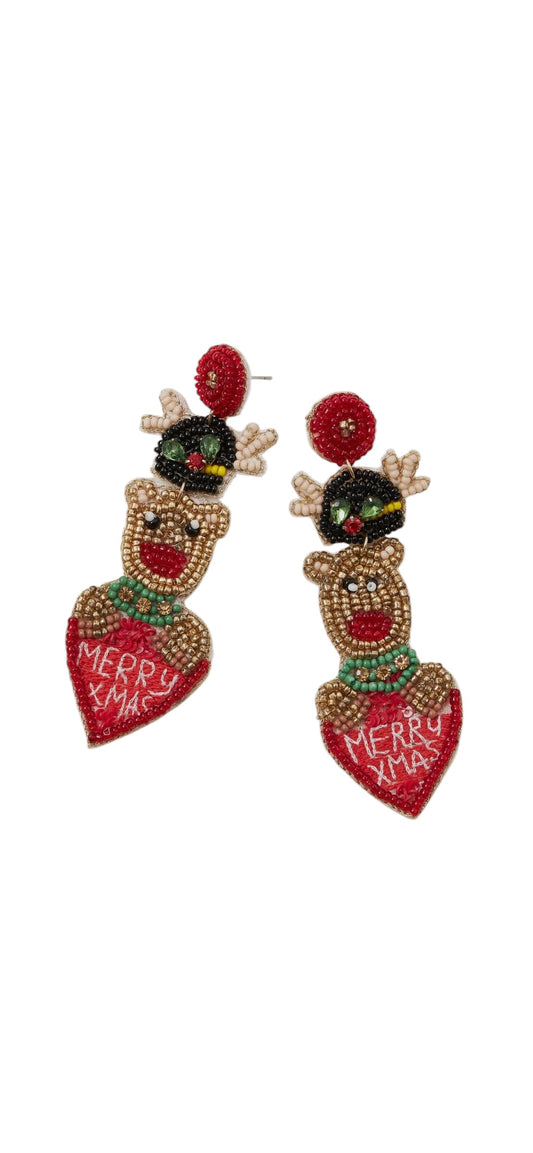 Merry Christmas Rudolph Reindeer Beaded Earrings