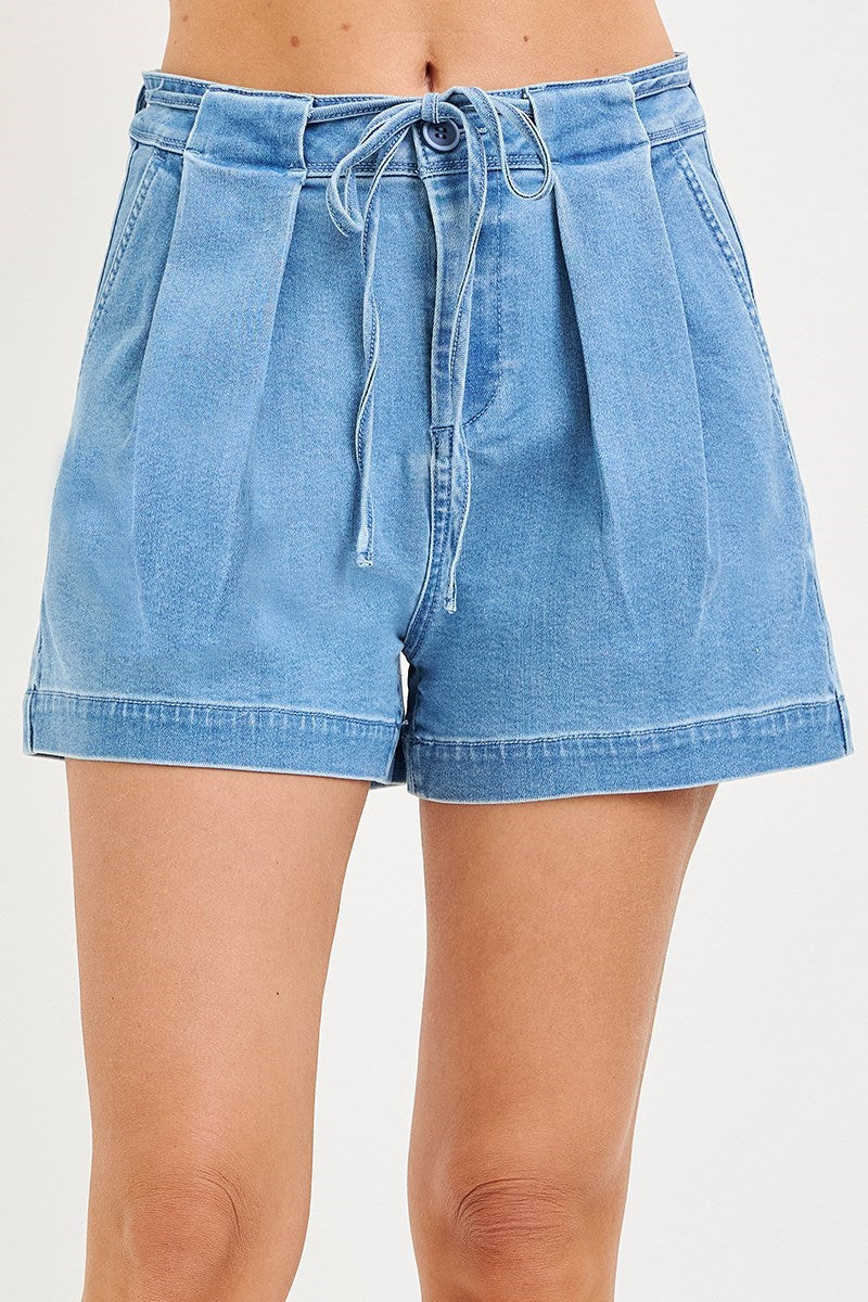 Sweet Magnolia Pleated Drawstring Denim Shorts
