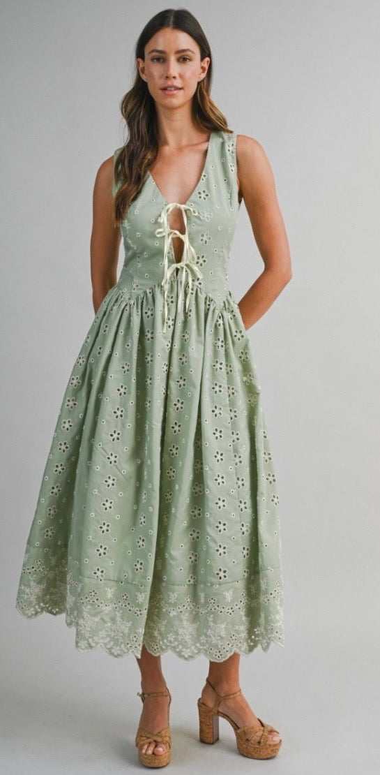Kate Sage Floral Eyelet Midi Dress