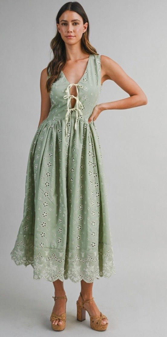 Kate Sage Floral Eyelet Midi Dress