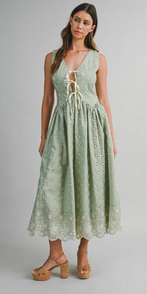 Kate Sage Floral Eyelet Midi Dress