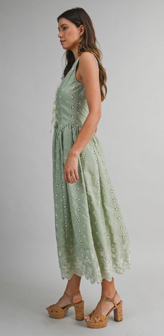 Kate Sage Floral Eyelet Midi Dress