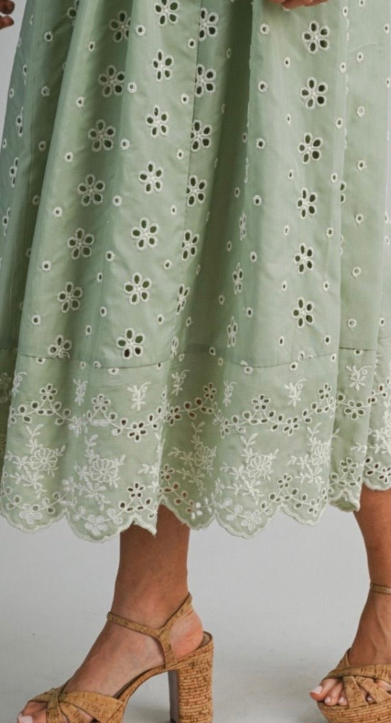 Kate Sage Floral Eyelet Midi Dress
