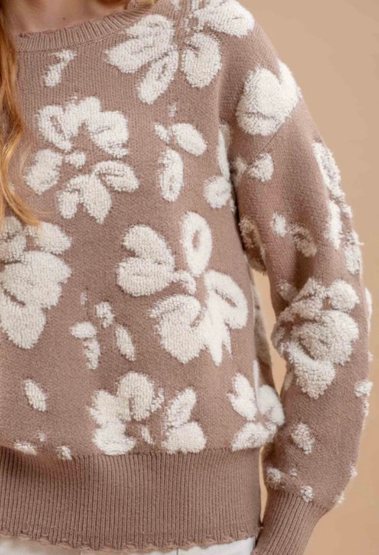 Floral For Fall Taupe Distressed Sweater