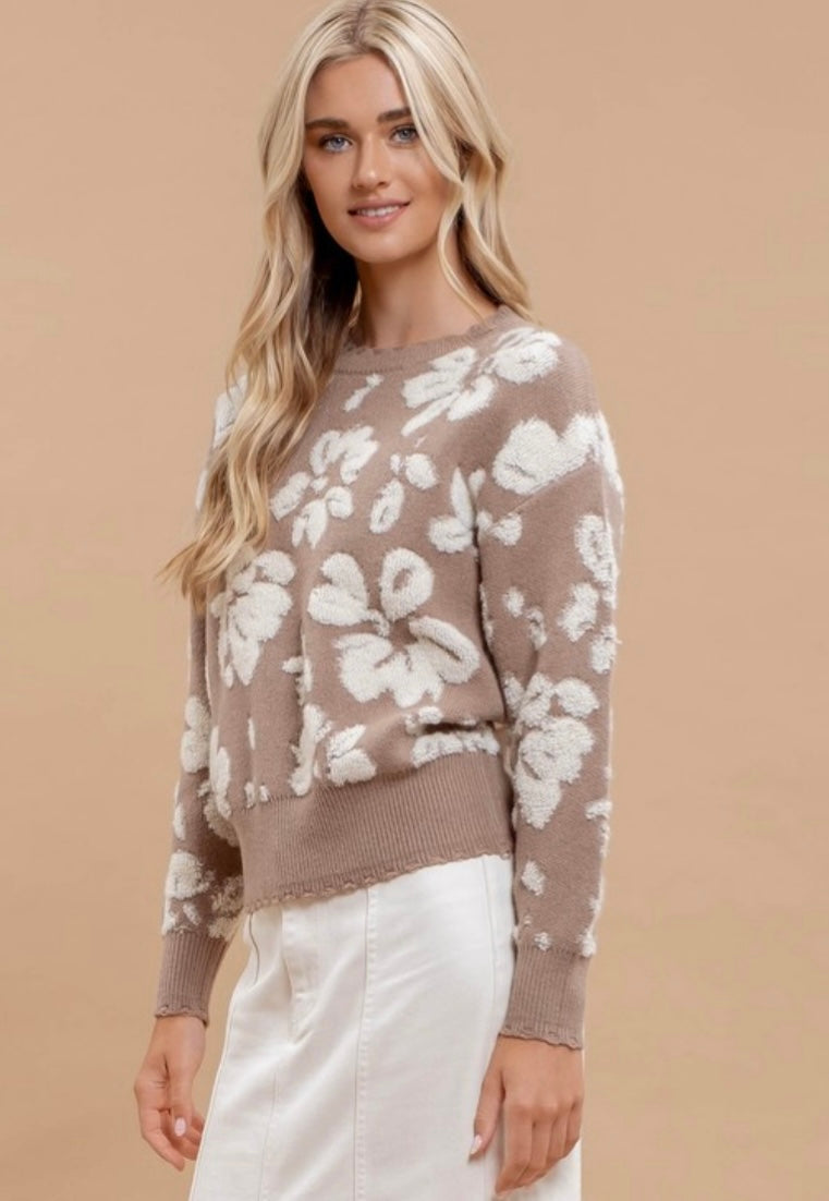 Floral For Fall Taupe Distressed Sweater