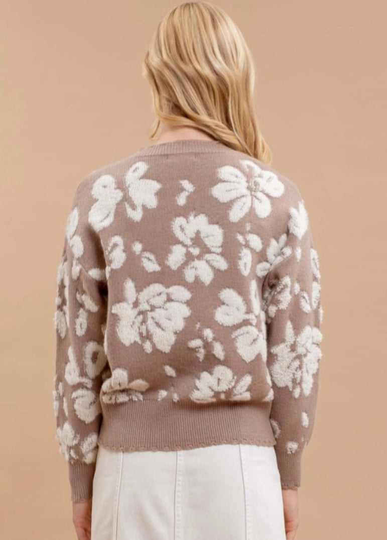 Floral For Fall Taupe Distressed Sweater