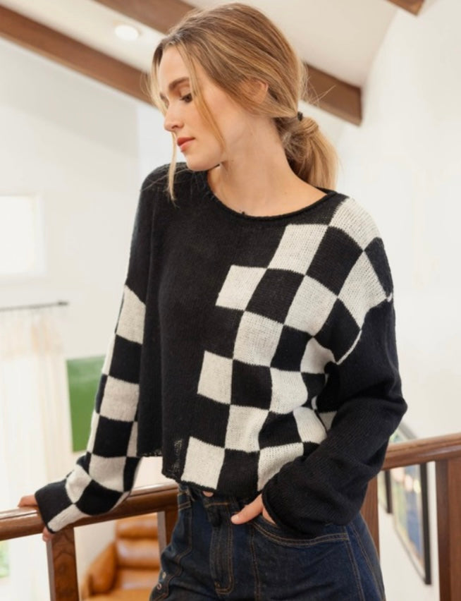 Black & White Check Colorblock LS Sweater