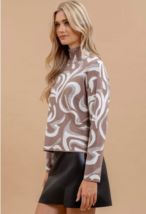 Taupe Marble Turtleneck Knit Sweater