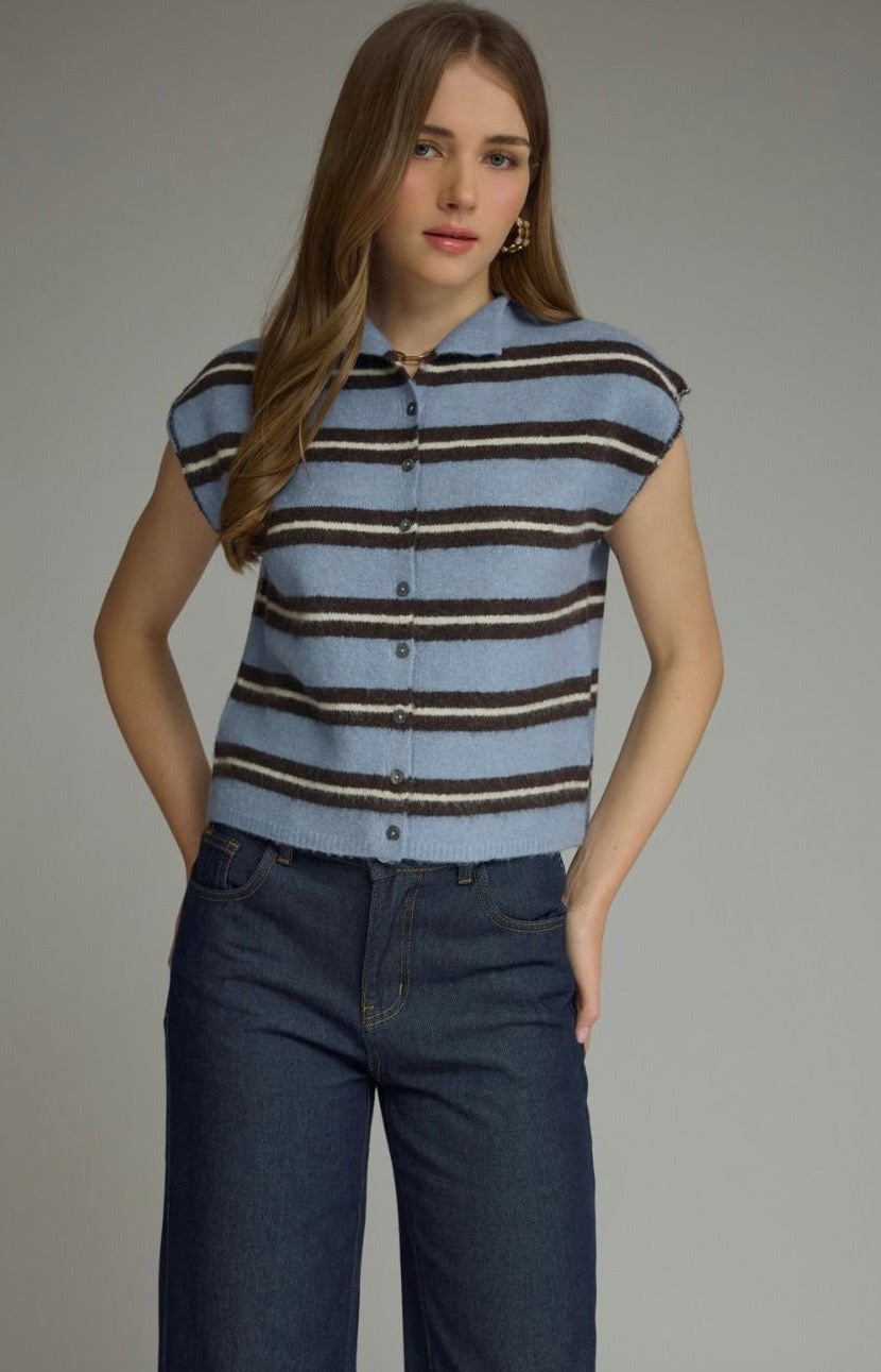 Sweet Sailor Blue Striped Button Up Top