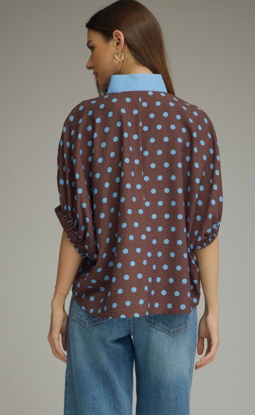 Blue & Brown Confetti Vneck Blouse