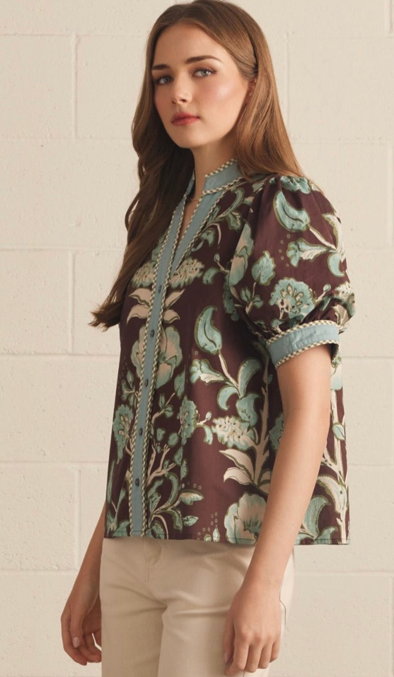 Cocoa Floral Embrace Puff Sleeve Top