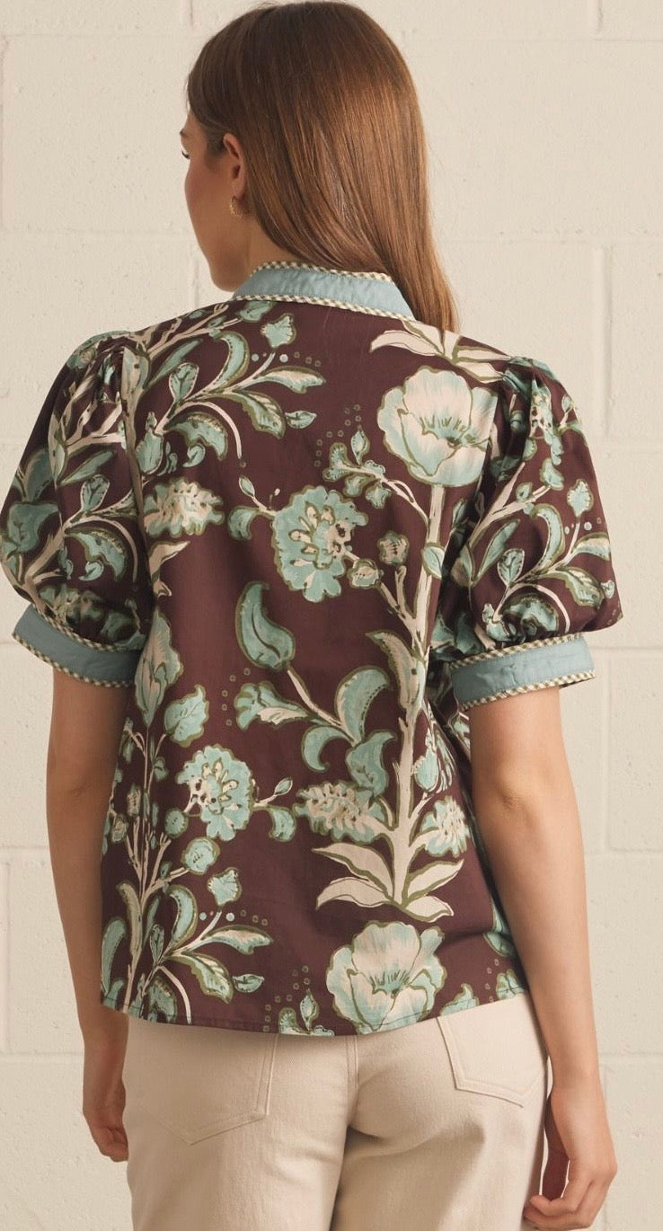 Cocoa Floral Embrace Puff Sleeve Top
