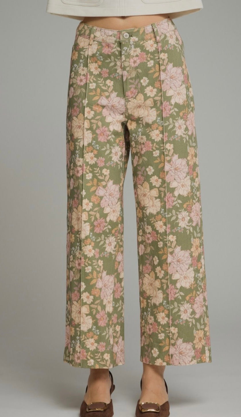 Olive Pintuck Floral Pants