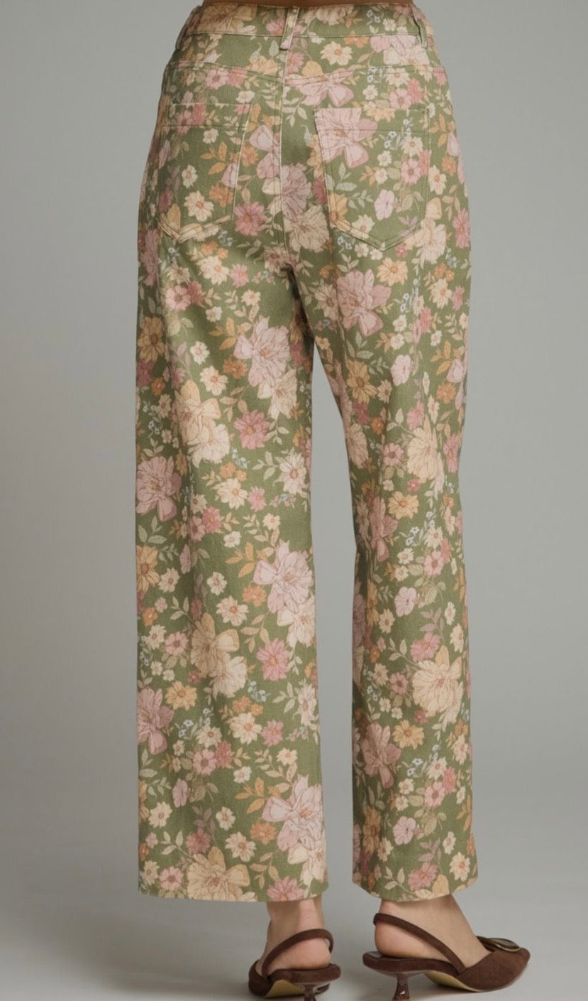 Olive Pintuck Floral Pants