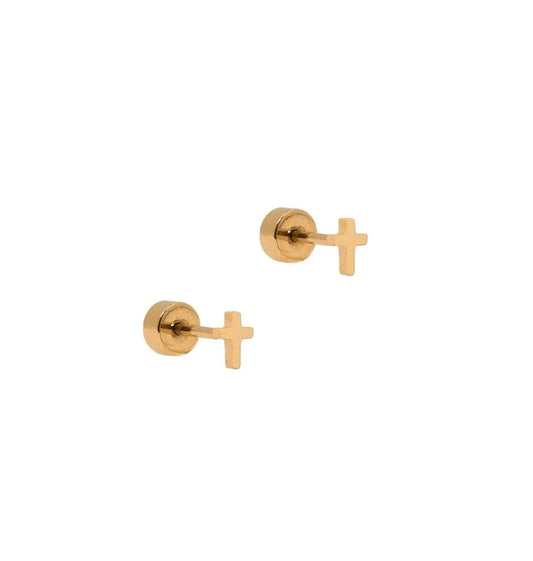 Screwback Stud Earrings - Micro Cross Gold