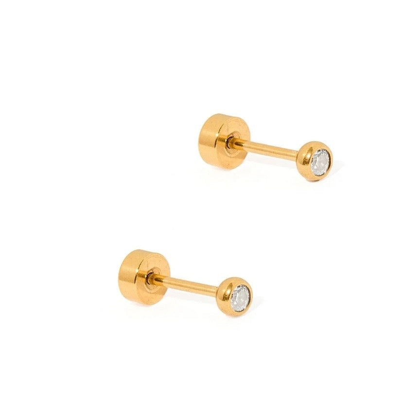 Screwback Stud Earrings - Micro Cooper Clear Gold