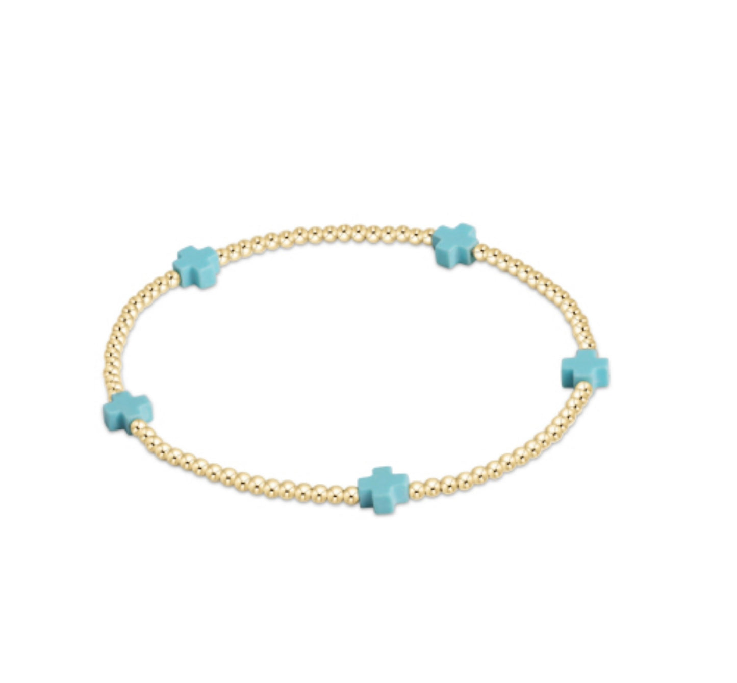 Signature Cross Small Gold Pattern 2mm Bead Bracelet - Turquoise