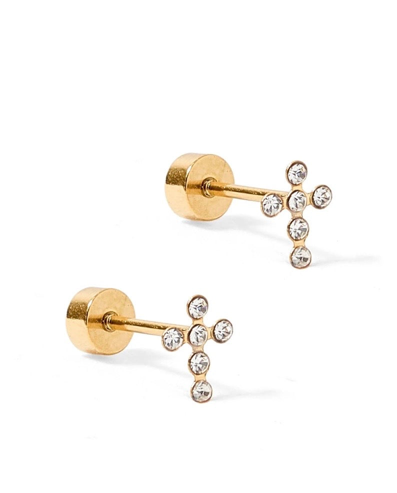 Screwback Stud Earrings - Clara Cross Gold Sparkle