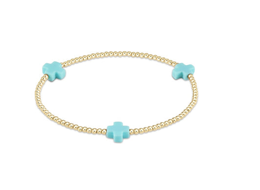 Signature Cross Gold Pattern 2mm Bead Bracelet - Turquoise