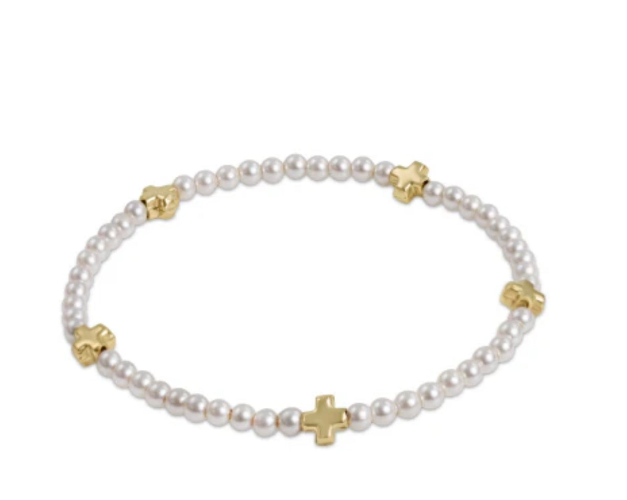 Signature Cross Small Pearl Pattern 3mm Bead Bracelet Gold