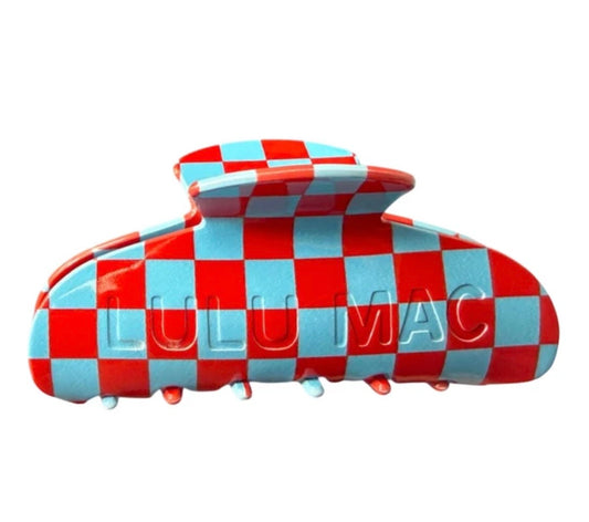 Checkered Light Blue/Red Lulu Mac Hair Clip