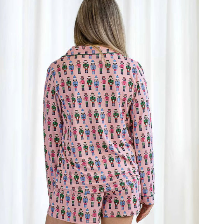 Nutcracker March Long Sleeve Button Up Sleep Shirt Lt Pink