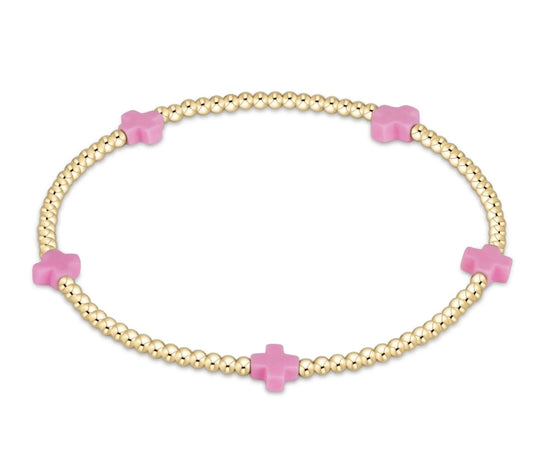 Signature Cross Small Gold Pattern 2mm Bead Bracelet - Bright Pink